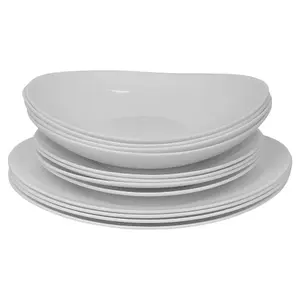 Queensway Home & Dining 26cm Diameter 12Pcs White Opal Glass Venice Boat Dinner Plates Soup Bowls Dinnerware Set