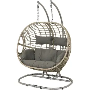 Dawsons Living Grey Vienna Hanging Double Egg Chair - Outdoor or Indoor Rattan Weave Swing Hammock - with Hanging Stand