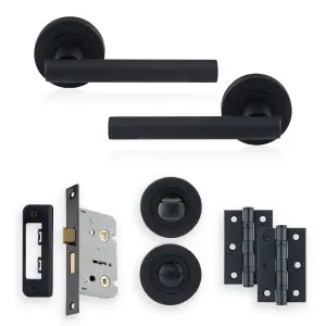 XFORT Matt Black Liberty Lever On Rose Bathroom Pack, Complete Bathroom Set