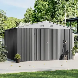 10x10ft Grey Outdoor Metal Garden Storage Shed Tool Storage Shed with Sloped Roof Design