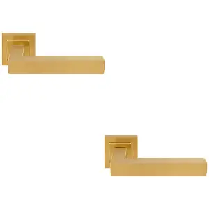 2 PACK - Premium Straight Door Handle Set - Satin Brass Designer Lever on Square Rose