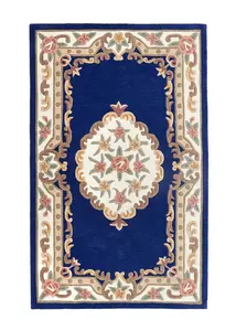 Navy Traditional Rug, Handmade Rug with 25mm Thickness, Navy Floral Rug for Living Room, & Dining Room-67 X 210cm (Runner)