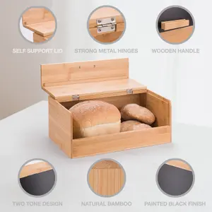 Woodluv Black Bamboo Bread Storage Box With Hinged Black Top Lid, 36 x 22 x 14 cm