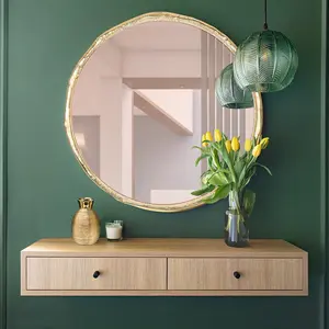 Green Decore Zenith Organic Circular Brass Wall Mirror With Pink glass Mirror For Hallway Metal Frame, Brass, 61cm Round