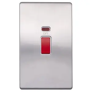 Brushed Chrome Screwless Plate  45A 1 Gang Double Pole Switch & Neon, Large Plate - White Trim - SE Home