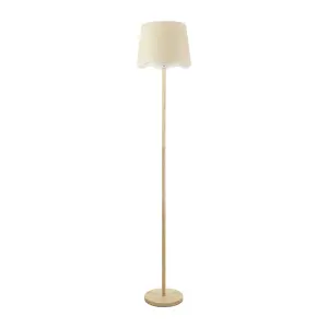 ValueLights Heather Light Wood Stem Floor Lamp with Scallop White Trim Tapered Shade and LED Bulb