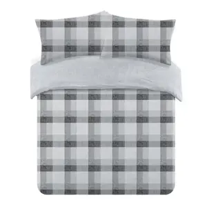 Dreamscene Check Teddy Duvet Cover Pillowcase Bedding Set, Grey - Single