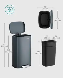 SONGMICS Pedal Trash Can, Waste Bin, Kitchen Trash Can, Soft Close Lid, Inner Bucket, Greenish Grey