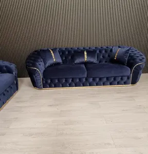 Ambassador 3 Seater Sofa Dark Navy Velvet Gold Detailing