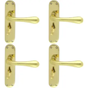 4 PACK - Rounded Flaired Bathroom Latch Door Handle - Polished Brass Lever on Backplate