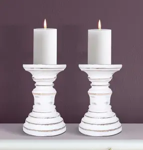 SET OF 2 Rustic Antique Carved Wooden Pillar Church Candle Holder, Antique White, Small 13cm