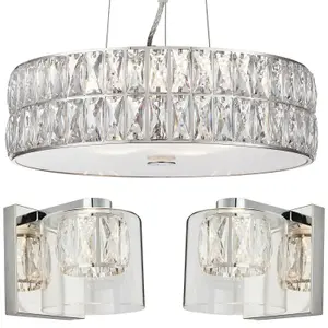 5 Bulb Ceiling Pendant & 2x Matching Wall Mount Light Chrome & Crystal Glass