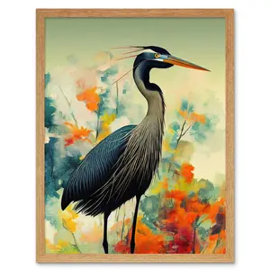 Heron Bird Abstract Flower Field - Print Light Brown Framed Unframed / 40.5cm H x 30.5cm W x 0.2cm D