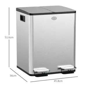 HOMCOM 2 x 20L Dual Kitchen Bin Pedal Bin for Recycling and Waste, Silver