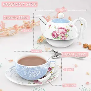 London Boutique Tea for One Teapot Teacup Saucer Set Afternoon Tea Set for 1 New Bone China  (Blue)