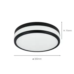 EGLO Palermo LED Glass/Black Steel Flush Bathroom Ceiling Light