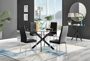 Furniturebox UK Novara Black Leg 120cm Round Glass Dining Table & 4 Black Velvet Milan Chairs