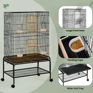 Yaheetech Rolling Metal Parrot Cage with 3 Perches - Black