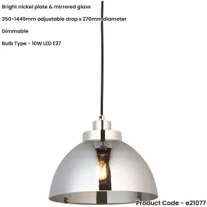 Ceiling Pendant Lamp & 2x Matching Wall Lights - Bright Nickel Mirrored Glass Dome Shade