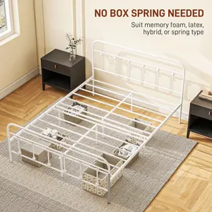 HOMCOM 5ft Metal King Platform Bed Frame w/ Underbed Storage Headboard White