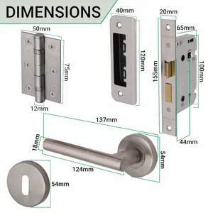 EAI Satin Door Handle T-Bar Lever on Rose Lock Kit / Pack - 64mm Sash Lock & 76mm Hinges - Satin Nickel