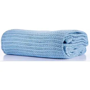 Just So Home 100% Cotton Cellular Blanket with plain hemmed finish (Blue, Double 230cm x 230cm)