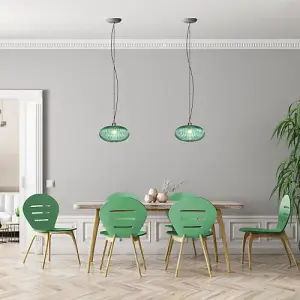 Modern Designer Emerald Forest Green Line Ribbed Glass Oval Pendant Lamp Shade