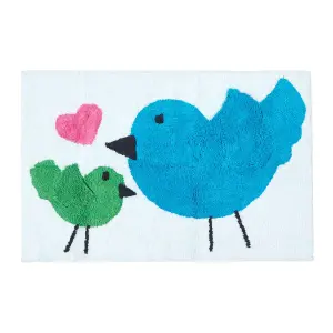 Homescapes Cotton Tufted Washable Blue Green Birds Pink Heart Kids Rug