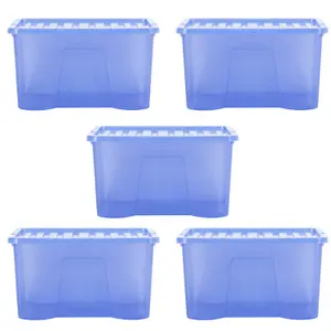 Wham Crystal Sparkle 5x 60L Plastic Storage Boxes with Lids Tint Sparkle Blue. Large Size, Strong (Pack of 5, 60 Litre)