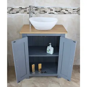 Worthland Solid Oak 650mm Free-Standing Vanity Unit with Countertop Ceramic Basin & Faucet