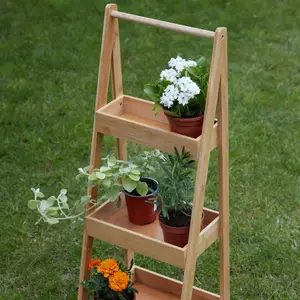 Home Source Bamboo 3 Tier Garden Plant Stand Ladder Tray Unit