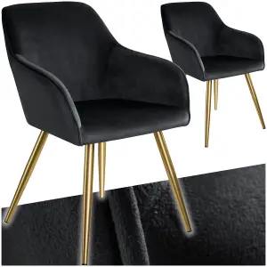 Chair Marilyn - with armrests, padded, velvet look, golden steel legs - black/gold