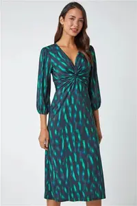 Roman Abstract Twist Front Midi Stretch Dress - Green - Casual Dresses Size 10