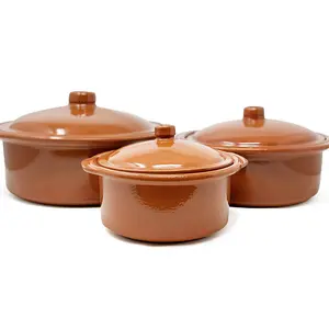 El Toro Glazed Terracotta Brown Kitchen Dining Set of 3 Lidded Casserole Dishes (D) 20cm, 25cm & 30cm