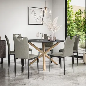 Malvern Round Dining Table And Chairs -  Black Table Top w Solid Oak Legs + Monza Fabric Dining Chair Set Of 6 (Grey)