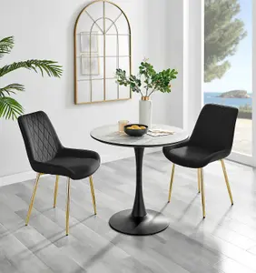 Elina White Marble Effect Round Pedestal Dining Table with Curved Black Support and 2 Black Velvet Pesaro Gold Leg Chairs