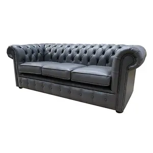 Chesterfield 3 Seater Bonded Grey Leather Sofa Bespoke In Classic Style