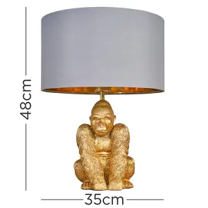 ValueLights Gus Modern Gold Sitting Gorilla Monkey Design Table Lamp with Grey Gold Cylinder Shade