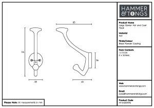 Hammer & Tongs - Bowler and Coat Hook - W35mm x H115mm - Black