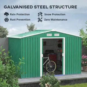 Outsunny 9 x 6FT Galvanised Garden Storage Shed with Sliding Door, Green