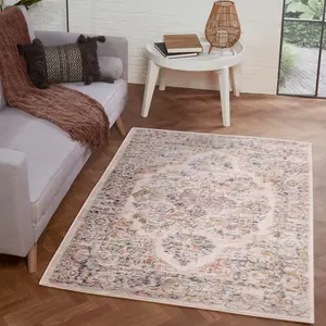 Cream Traditional Easy to Clean Abstract Floral Rug For Dining Room-80cm X 150cm