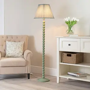 ValueLights Bobbles Sage Green Bobbin Floor Lamp with Blue Pleated Shade