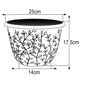 Pot Serenity Planter Round Plastic Black White Flower Plant Garden 25cm 2Pcs