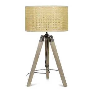 ValueLights Clipper Modern Distressed Wood and Silver Chrome Tripod Table Lamp with Cream Rattan Shade