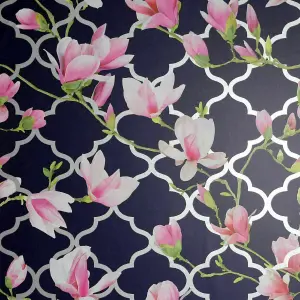 Magnolia Trellis Navy Blue Pink Floral Metallic Silver Arthouse Wallpaper 908001