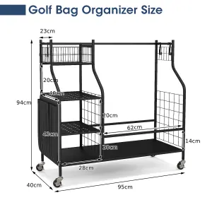 Costway Garage Golf Bag Storage Rack Double Golf Bag Organizer Holder w/ Lockable Wheels