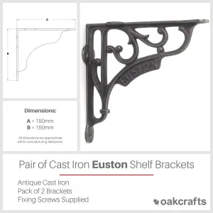 Oakcrafts - Pair of Antique Cast Iron London Euston Shelf Brackets - 150mm x 150mm