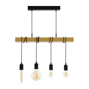 EGLO Townshend Black/Natural Metal & Wood 4-Light Geometric Pendant - Industrial Style (D) 110cm