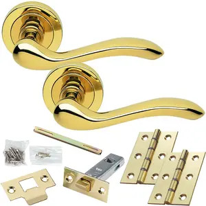 Door Handle & Latch Pack - Polished Brass - Modern Scroll Bar Lever On Round Rose