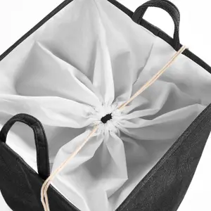 Laundry Basket Bag Foldable Drawstring Clothes Organiser Faux Linen, Black